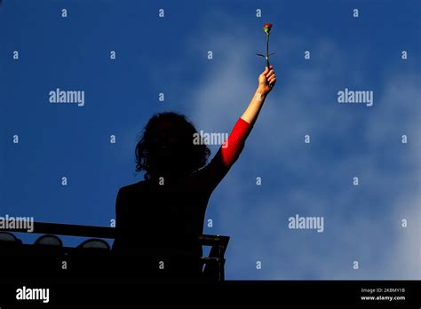 Una Mujer Sostiene Un Clavel Rojo S Mbolo De La Revoluci N Portuguesa