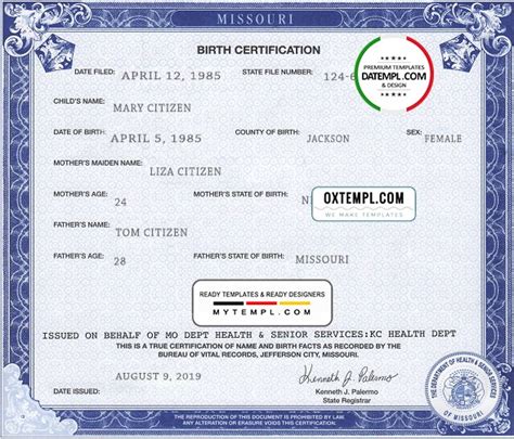 Usa Missouri State Birth Certificate Template In Psd Format Fully