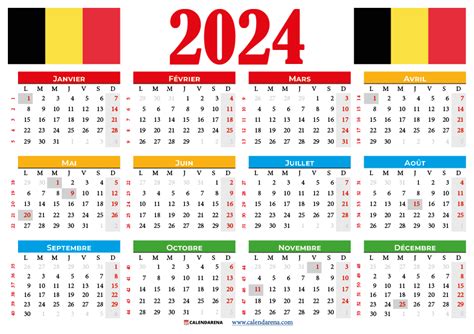 Calendrier 2024 Belgique à imprimer Gratuitement by Calendarena Medium