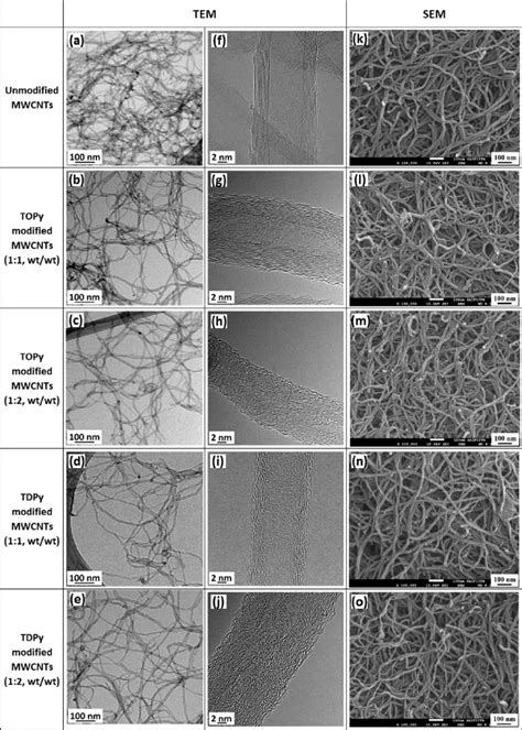 TEM And SEM Micrographs Of The Unmodified And Modified MWCNTs A E