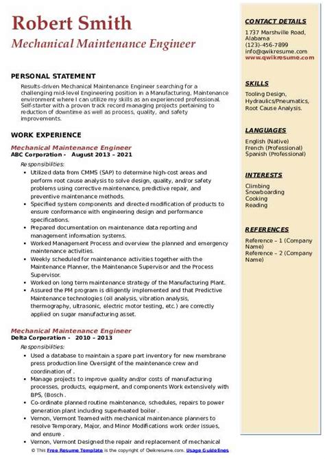 Mechanical Maintenance Engineer Resume Samples Qwikresume