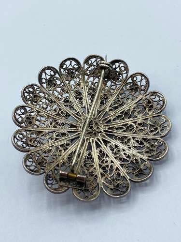 Antique S Silver Filigree Cannetille Design Round Brooch