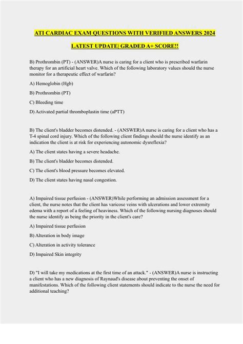 ATI CARDIAC EXAM QUESTIONS WITH VERIFIED ANSWERS 2024 LATEST UPDATE
