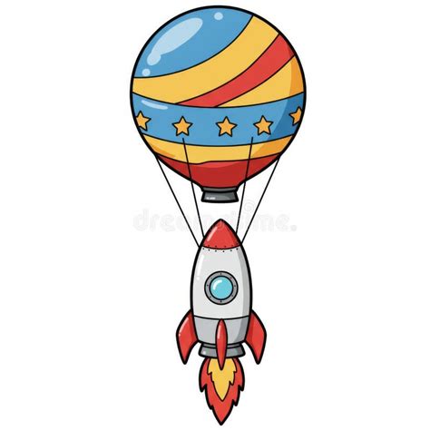 Cartoon Rocket Attached To Colorful Hot Air Balloon Stock Illustration