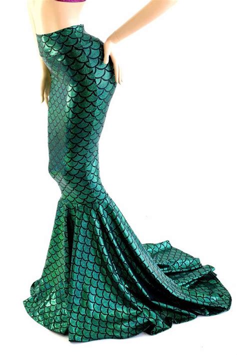 High Waist Mermaid Skirt With Puddle Train In Sparkling Green Etsy