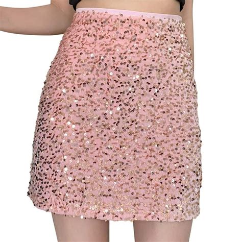 Xiuh Womens Fashion Sequins Mini Skirts Elastic Waist Wrapped A Line Shiny Skirts Pink S