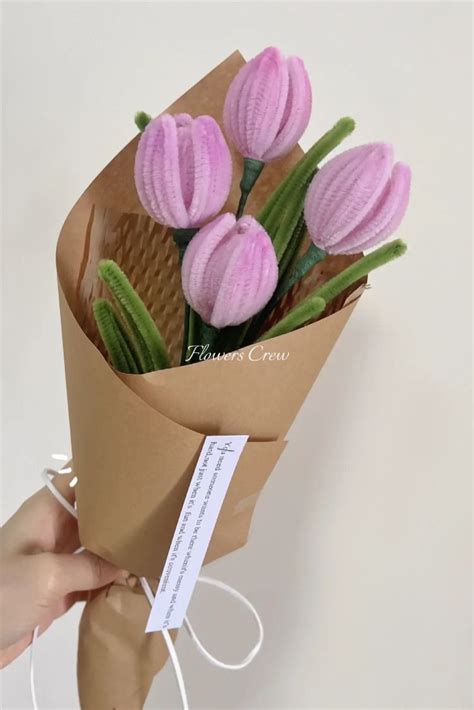 Pink Tulips Bouquet For Her Handmade Pretty Tulip Flowers With Pipe