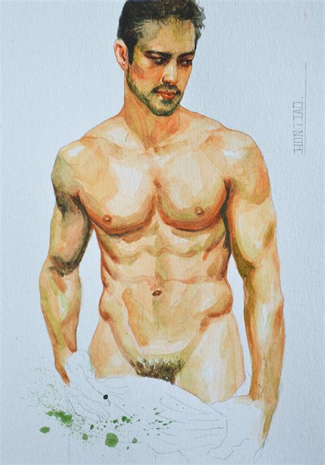 Original Watercolor Painting Drawing Male Nude Gay Interest Man On