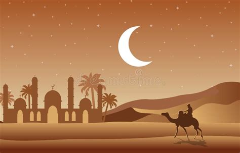 Night Desert Islamic Mosque Date Palm Tree Arabian Landscape ...