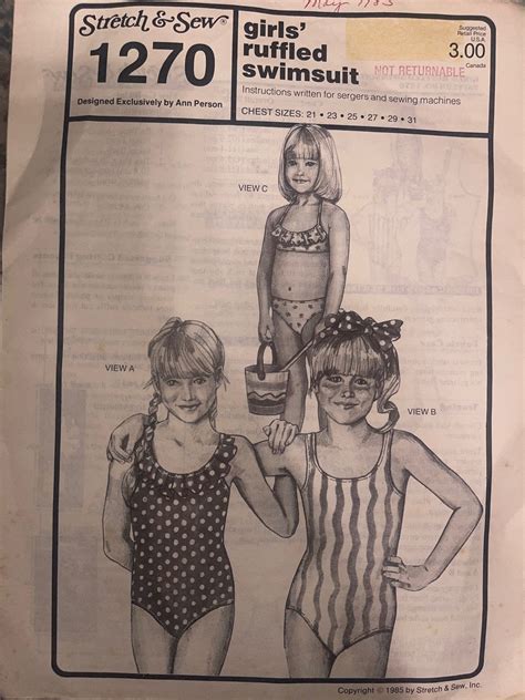 UNCUT Vintage Stretch Sew Sewing Pattern Girls Ruffled Swimsuit Bikini One Piece Tank Top