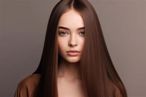 Hermosa chica modelo con cabello largo castaño brillante y liso alisado