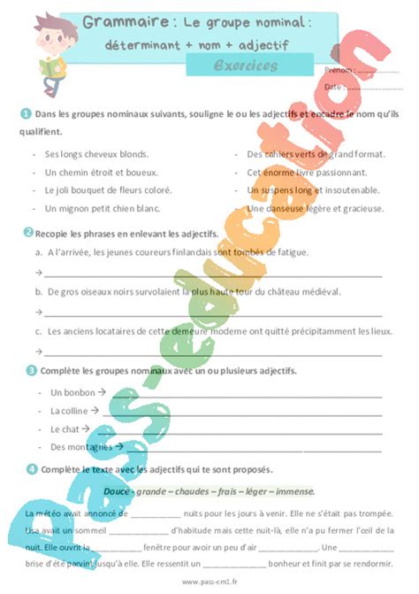 Groupe Nominal Fiches D Terminant Nom Adjectif S Exercices De