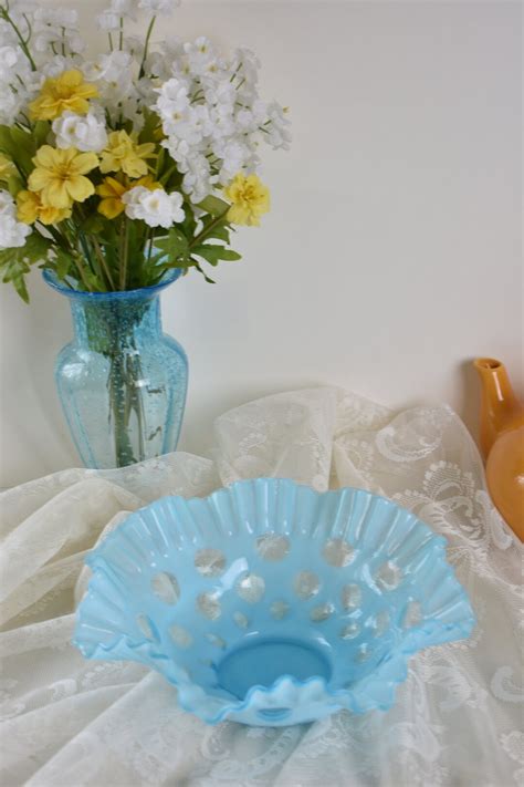 Vintage Fenton Turquoise Blue Ruffled Edge Glass Bowl Blue Dot Pattern Fenton Glass Dish