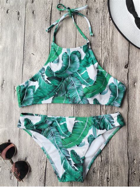 20 49 Tropical Leaf Print High Neck Bikini GREEN S High Neck