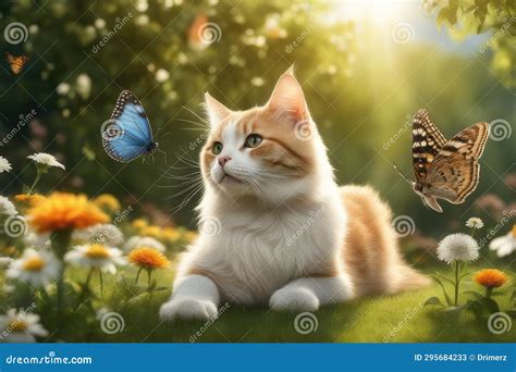 Cute Cat And Butterfly On Green Grass In Sunny Summer Garden