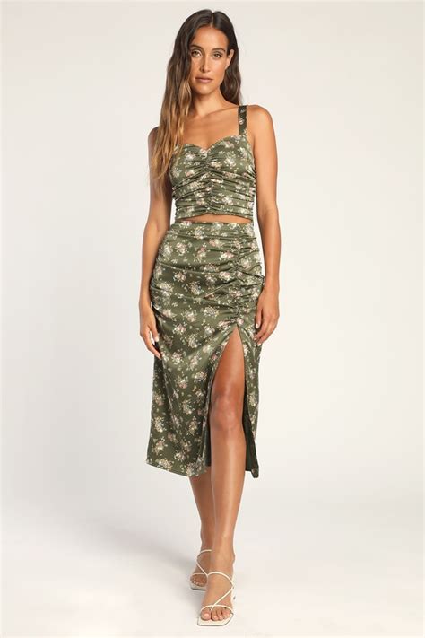 Olive Green Floral Slit Skirt Ruched Midi Skirt Satin Skirt Lulus