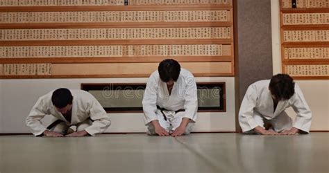 Group Students Or Bow In Dojo For Aikido Practice Discipline Or Self