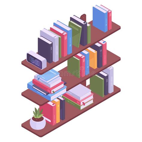 Isometric Book Shelf Library Room Or Office Bookshelves Book Stack On