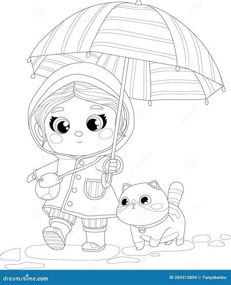 Cute Cartoon Girl in Raincoat with Umbrella and Cat Sketch Template ...