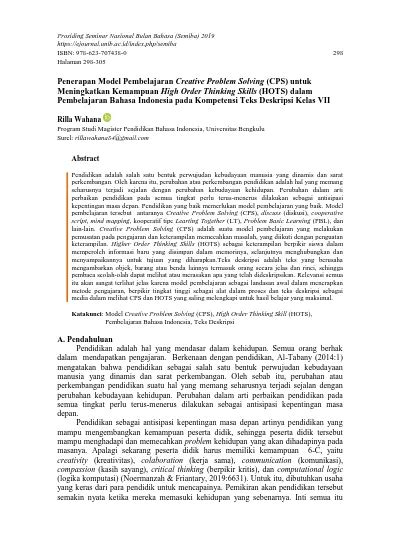 Penerapan Model Pembelajaran Creative Problem Solving Cps Untuk