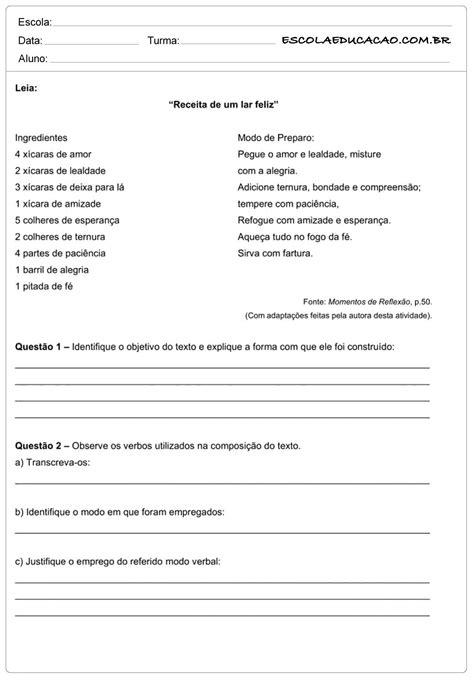 Atividades De Interpretação De Texto 8º Ano A Receita De Um Lar Feliz