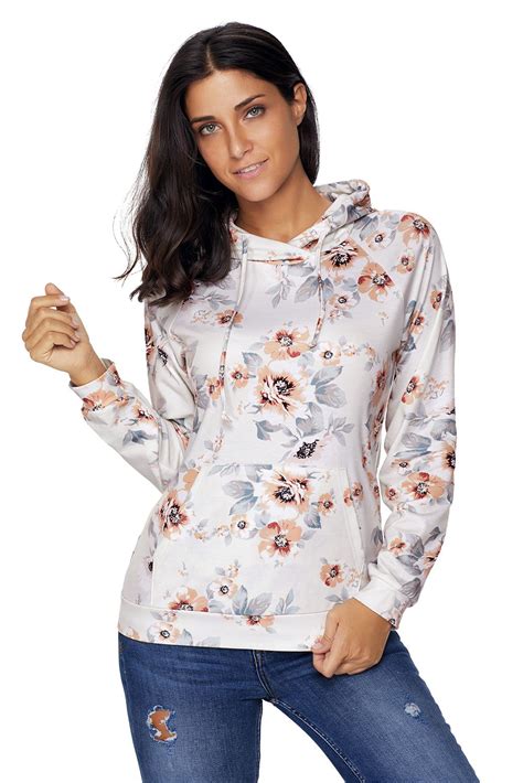 White Floral Print Drawstring Hoodie Hoodie Fashion Floral Print