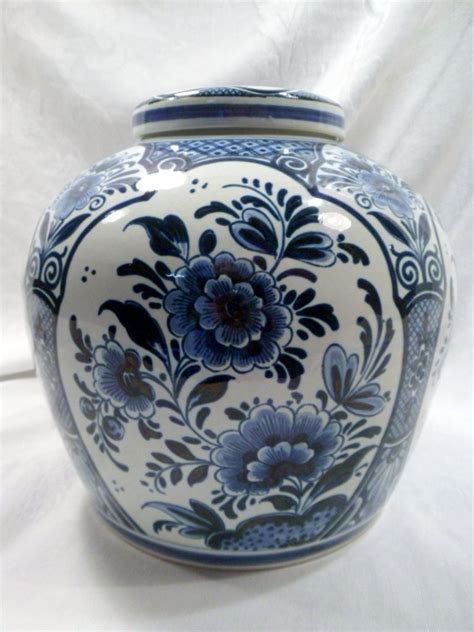 Delft Ginger Jar Large Hand Painted Blue Floral Marked Vintage