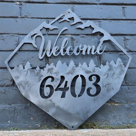 Rustic Welcome Sign Metal Address House Number Mountain And Forest