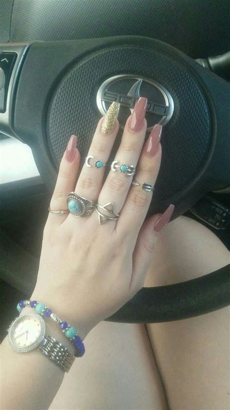 Nude With Gold Ring Finger Cofin Nails