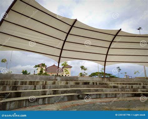 Performance Audience Bench With A Roof Shaped Like An Umbrella Stock