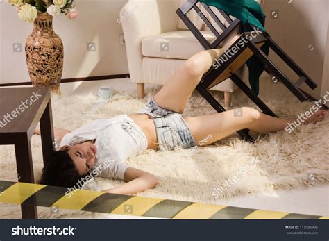 Crime Scene Imitation Lifeless Woman Lying Stock Photo