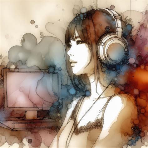 Premium Photo Asian Girl Wearing Headphone Illustration With Generative Ai