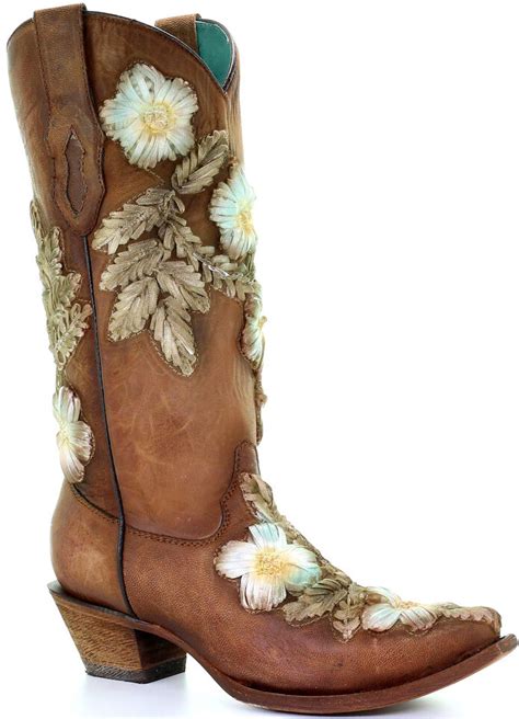 Corral Womens Tobacco Hand Printed Floral Western Boots Snip Toe Botas Vaqueras Vaqueros