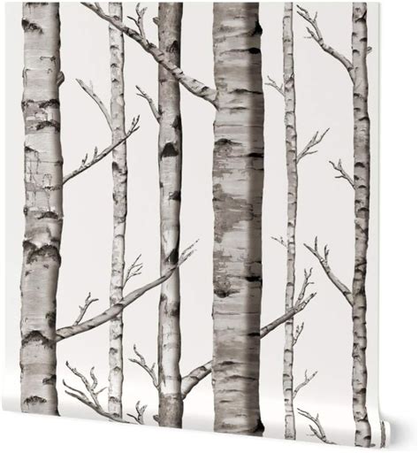 Spoonflower Peel And Stick Wallpaper Swatch Birch Grove Aspen Tree Woodland Forest Grey