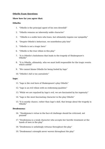 Othello A Level Essay Questions Teaching Resources