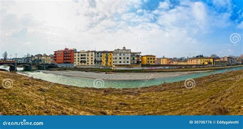 river  city houses  bridge  parma italy stock photo image