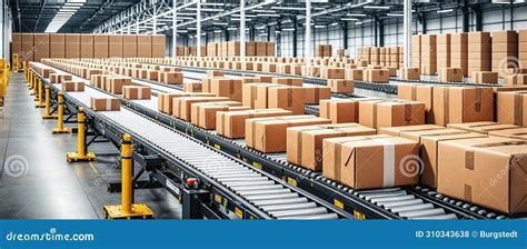 Cardboard Boxes On Conveyor Belts And Rows Of Boxes In A Distribution