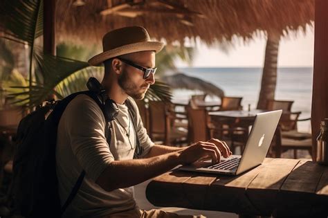 Premium Photo A Male Sitting At A Table Typing On His Laptop Sitting