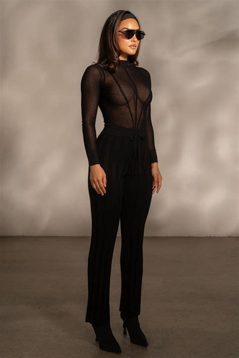 Black Lori Sheer Knit Bodysuit Jluxlabel