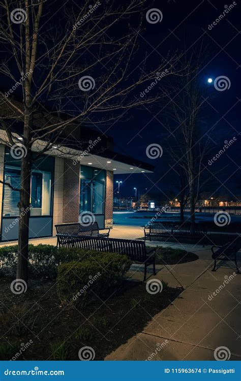 Dark and Empty City Shopping Strip Mall at Night Stock Photo - Image of ...