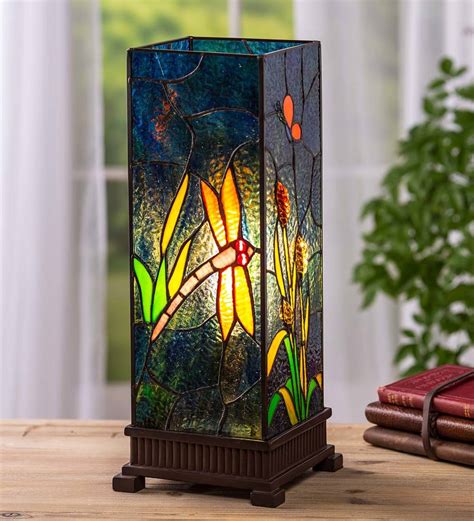 Stained Glass Dragonfly Lamp With Craftsman Style Wood Base Wind And Weather