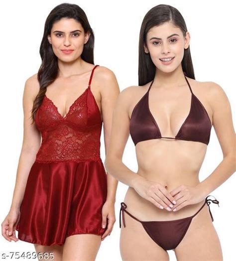 Klamotten Sexy Satin Women Babydoll Nightwear And Bikini Set