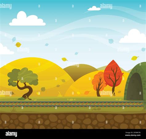 Autumn Railway 2d Game Landscape With Roadway And Hills On Background