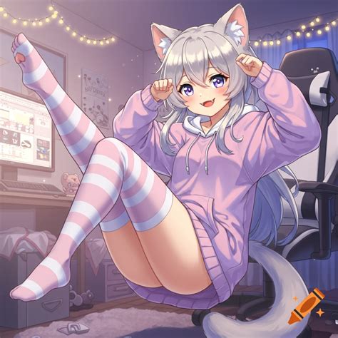Cute anime catgirl lounging playfully in an oversized pink hoodie and
