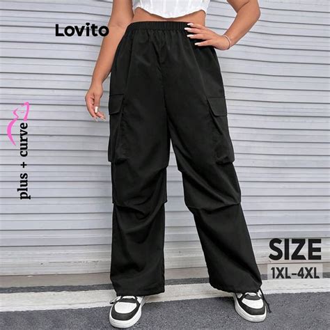 Lovito Women Plus Size Curve Casual Plain Pocket Drawstring Pants Lne29171 Black Shopee