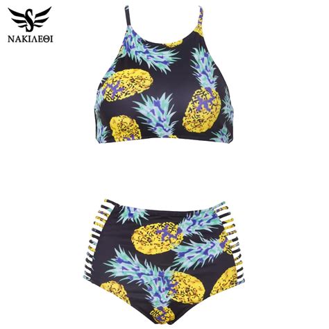 NAKIAEOI High Neck Bikini Women Swimwear High Waist Swimsuit 2019 Retro Green Print Floral Crop