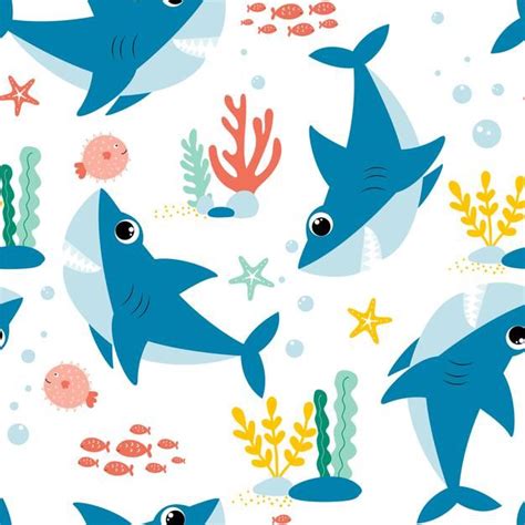 An Ocean Scene With Sharks Corals And Starfish On A White Background