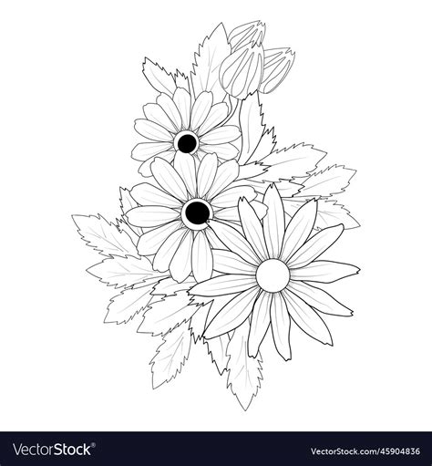 Drawing Black Eyed Susan Flower Black And White Vector Image