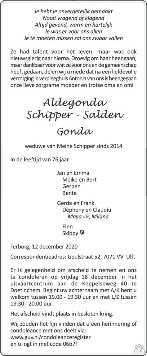 Aldegonda Gonda Schipper Salden 12 12 2020 Overlijdensbericht En