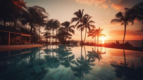 Premium Ai Image Palm Trees And Swimming Pool At Tropical Resort